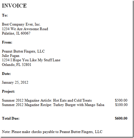 Freelance Invoice   Peanut Butter Fingers  freelance writing invoice example