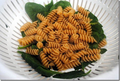pasta and spinach in collander