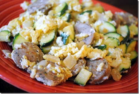 chicken sausage scrambled eggs zucchini onion