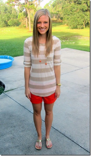 striped shirt and red shorts