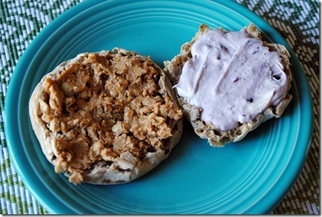 English muffin with peanut butter and mascarpone jelly