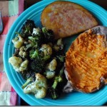 Ham steak sweet potato roasted broccoli and cauliflower Ham steak sweet potato roasted broccoli and cauliflower