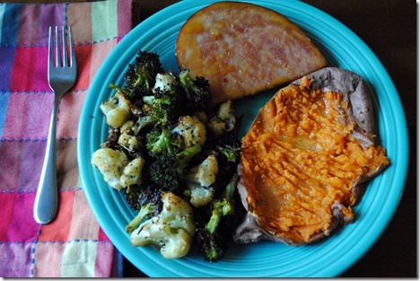 Ham steak sweet potato roasted broccoli and cauliflower