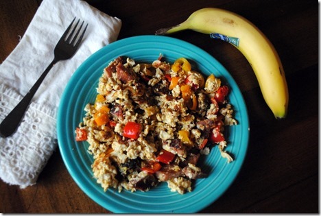 scrambled eggs with ham and peppers
