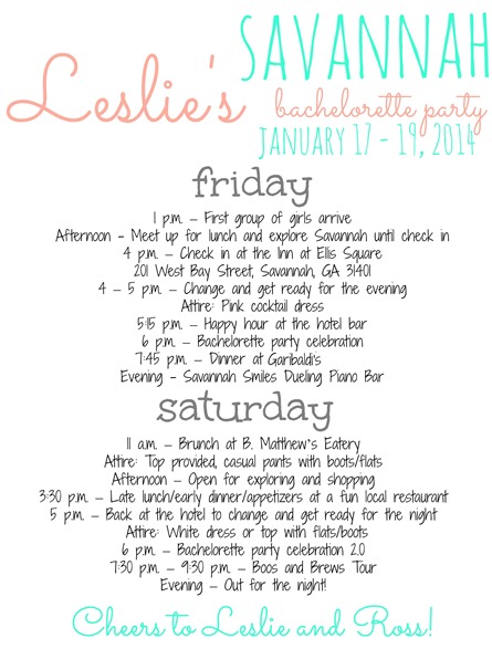 Leslie's Savannah Bachelorette Party Itinerary