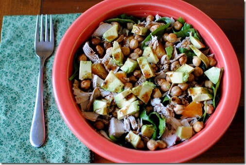 Salad with Roaste Chickpeas, Avocado, Turkey, Oranges and Balsamic Dressing