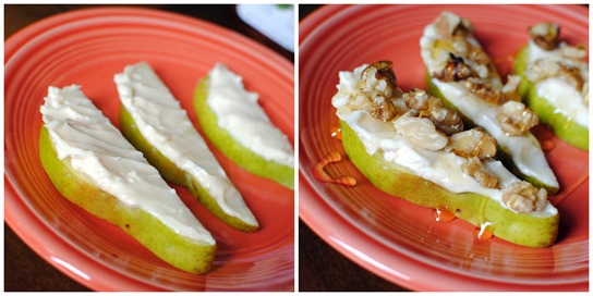 Pears with Laughing Cow Cheese Walnuts and Honey