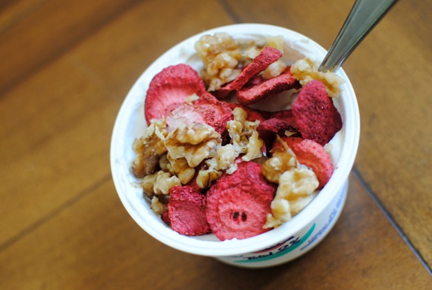Greek yogurt with freeze dried fruit and walnuts