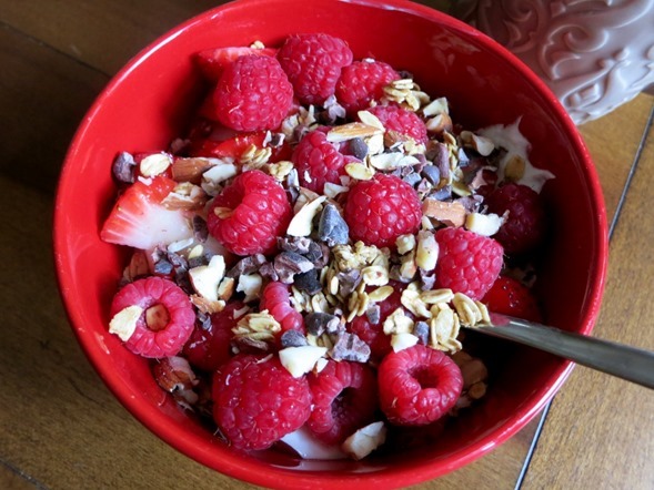 Greek yogurt granola cacao nibs berries