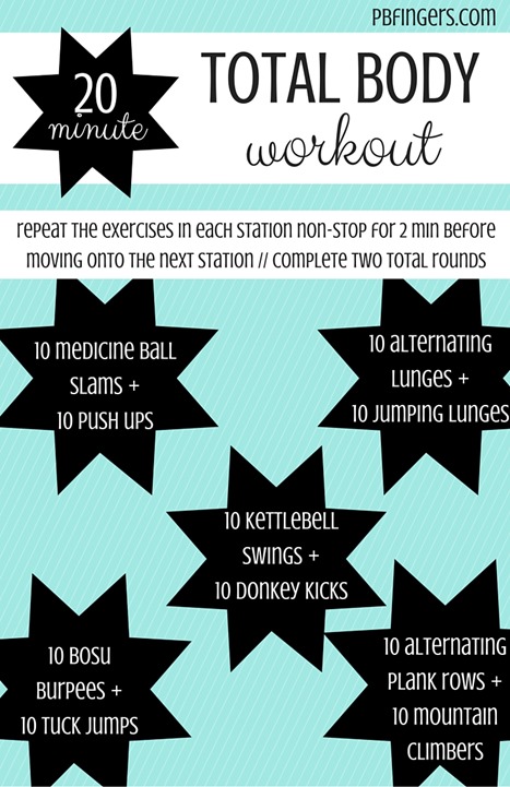 20 Minute Total Body Workout -- Complete each exercise pairing for 2 min before moving onto the next pair. Complete 2 total rounds.