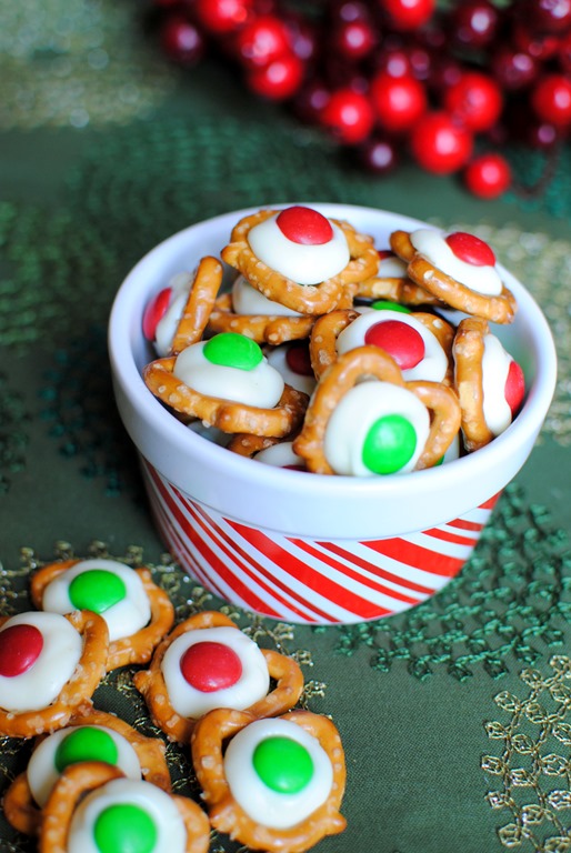 Chocolate Pretzel Hugs with Red and Green Holiday Candies Recipe