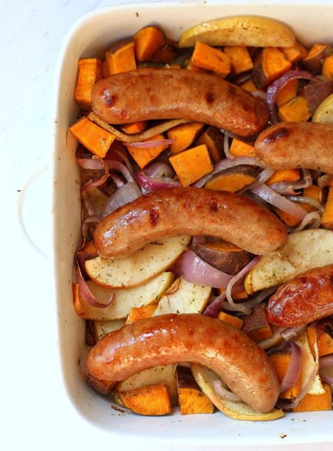 One Pan Chicken Sausage and Sweet Potato Bake