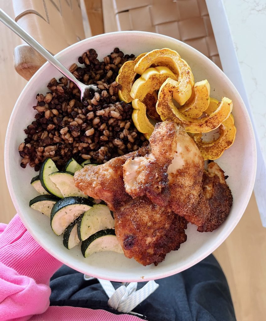 Chicken Thighs with Delicata Squash Air Fryer Chicken Thighs with Roasted Delicata Squash, Zucchini, Lentils and Barley