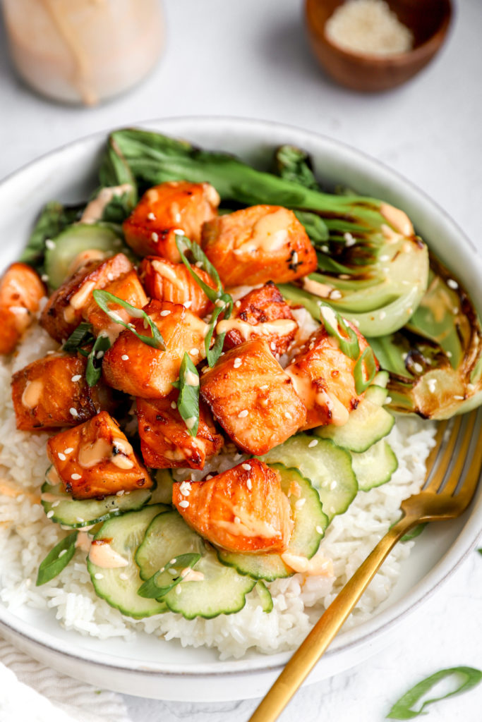 Salmon cubes with rice