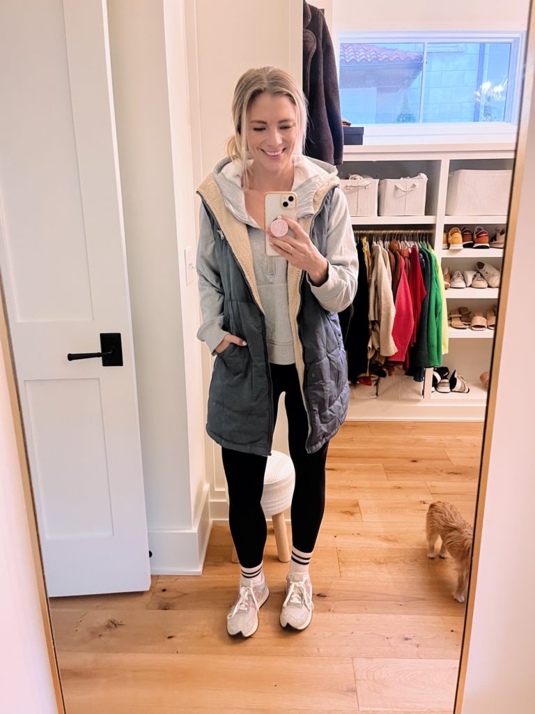 quilted vest and leggings outfit