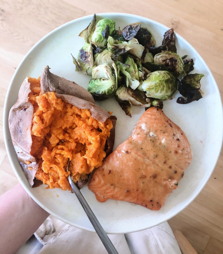 salmon sweet potatoes brussels sprouts