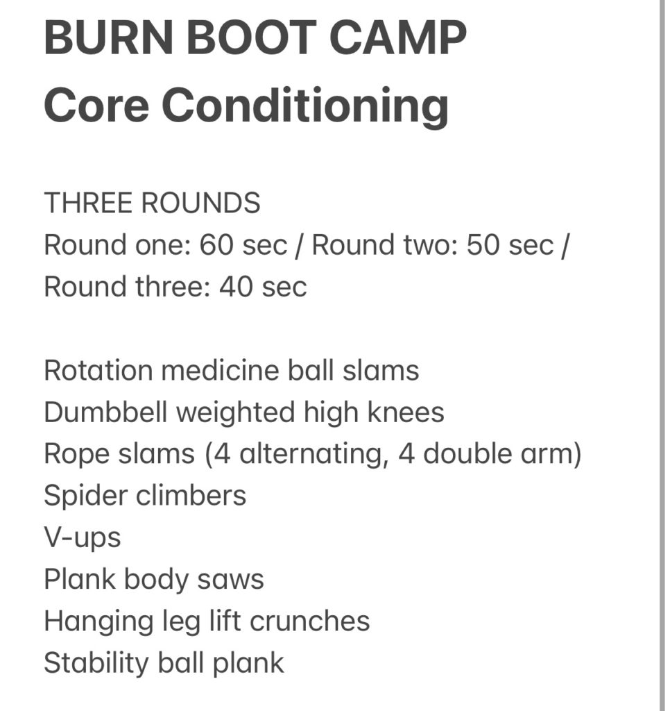 burn boot camp core conditioning | Week of Workouts: June 2024