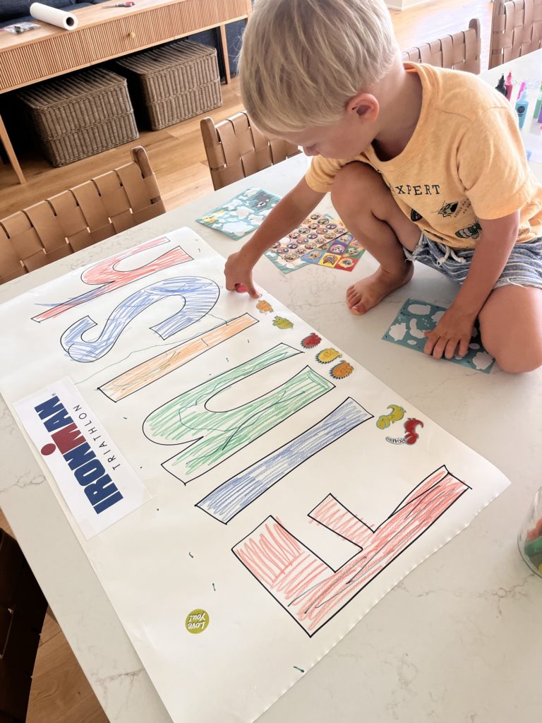 At Home Mini Ironman finish line sign