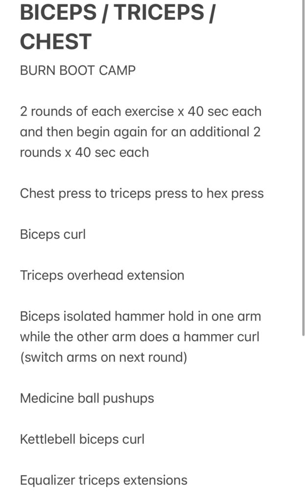burn boot camp biceps triceps chest workout | Week of Workouts: July 2024