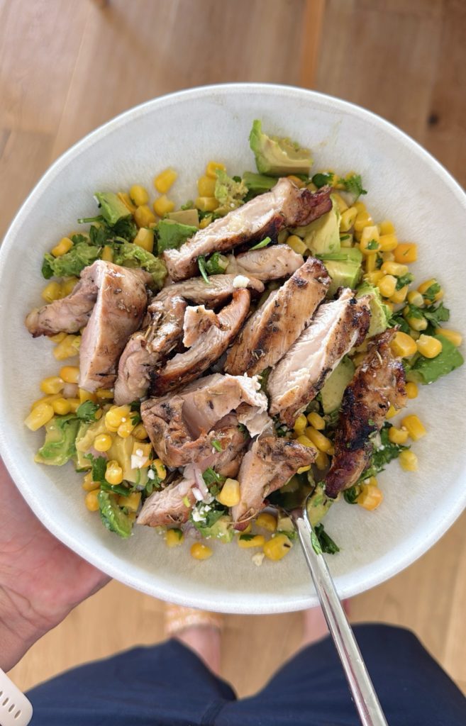 grilled chicken in corn and avocado salad