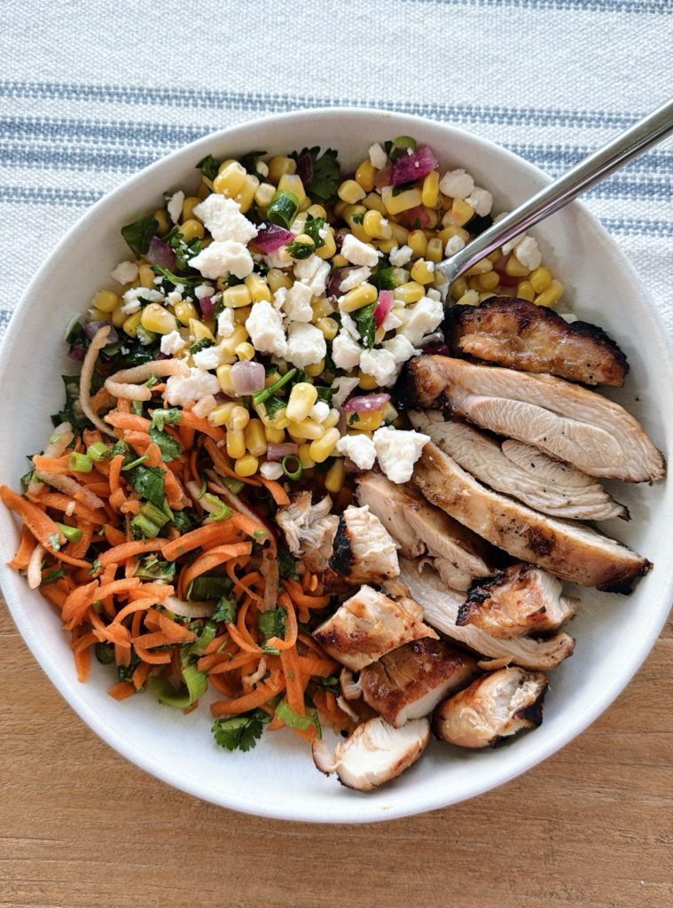 Grilled chicken carrot slaw corn salad
